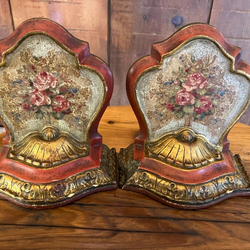 Rare Vintage Borghese Floral Bookends – Ornate Gold Florentine Pair